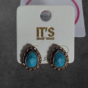 NWT Sensa For Nadine West Gold and Faux Turquoise Teardrop Post Earrings ~5/8"